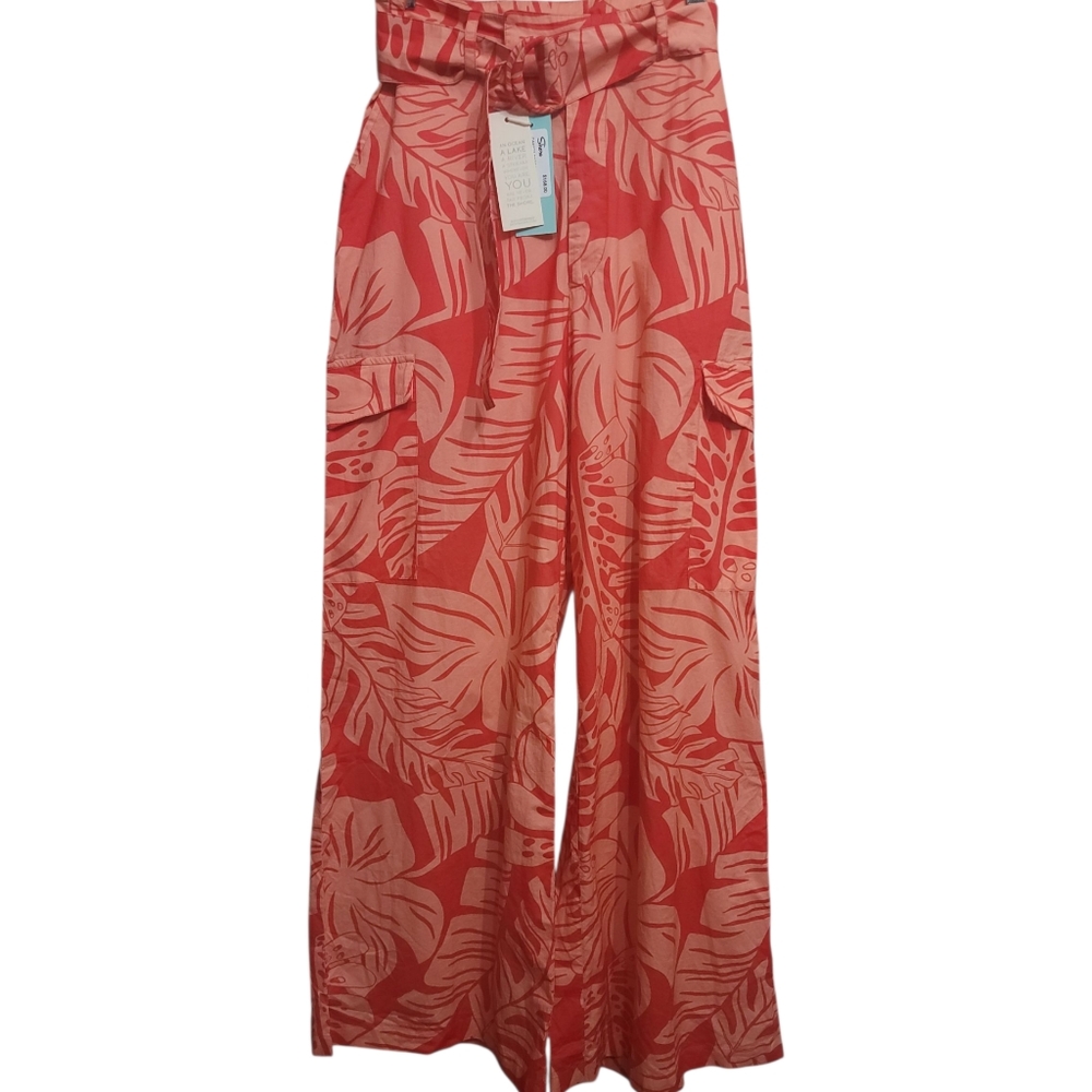 Shore Resort Wear W Dekota Cargo Pant Coral Palms With Belt High Waist Flare S - Picture 2 of 11